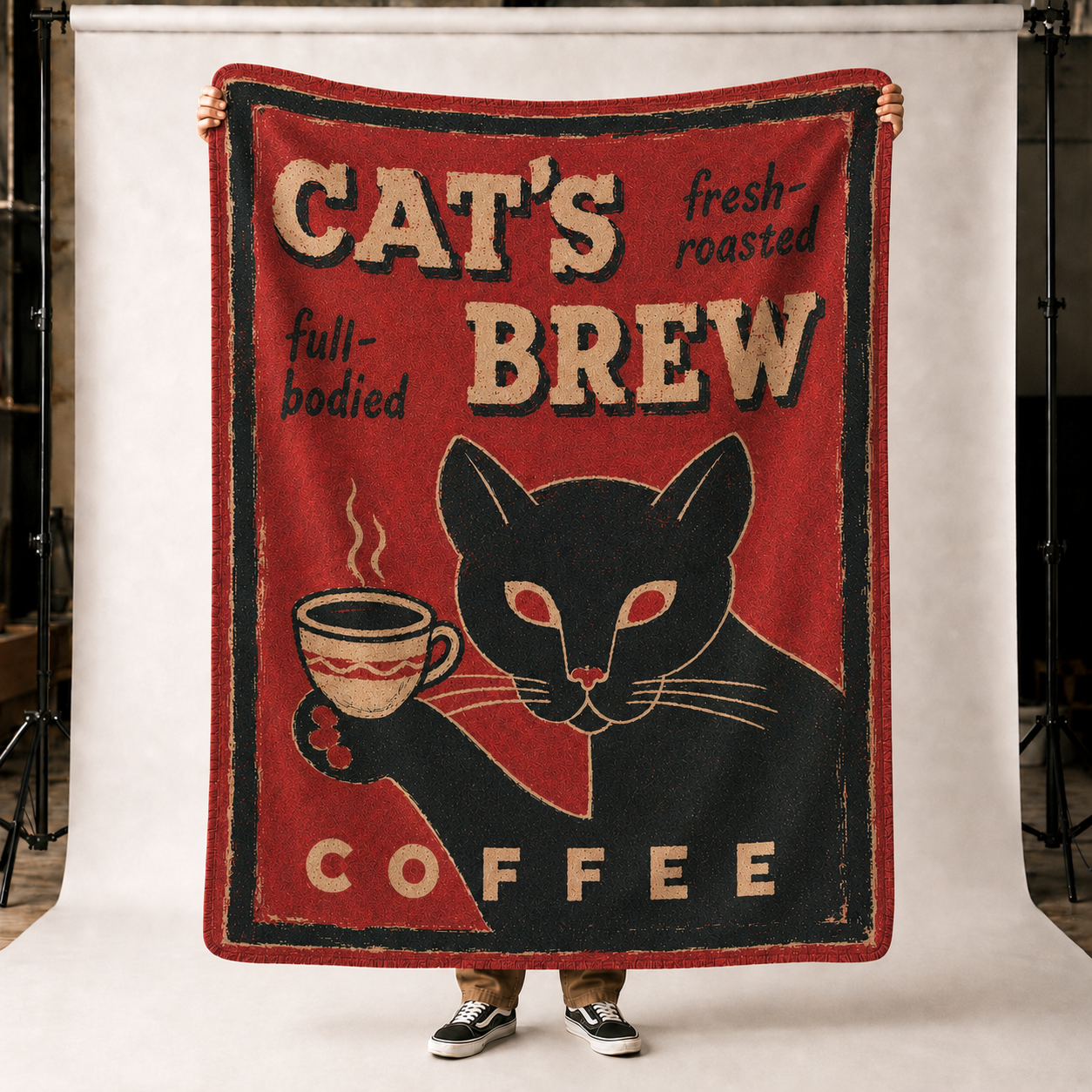 Cat's Brew Coffee - Black Cat on Red - Fleece Throw