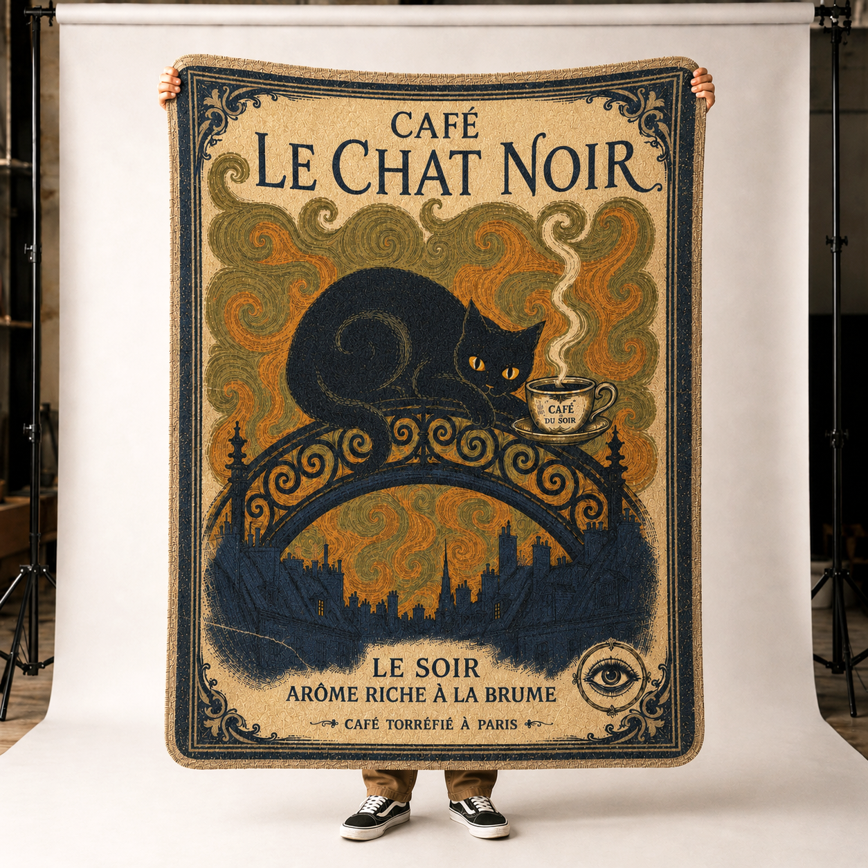 Cafe Le Chat Noir - Black Cat on Bridge - Fleece Throw