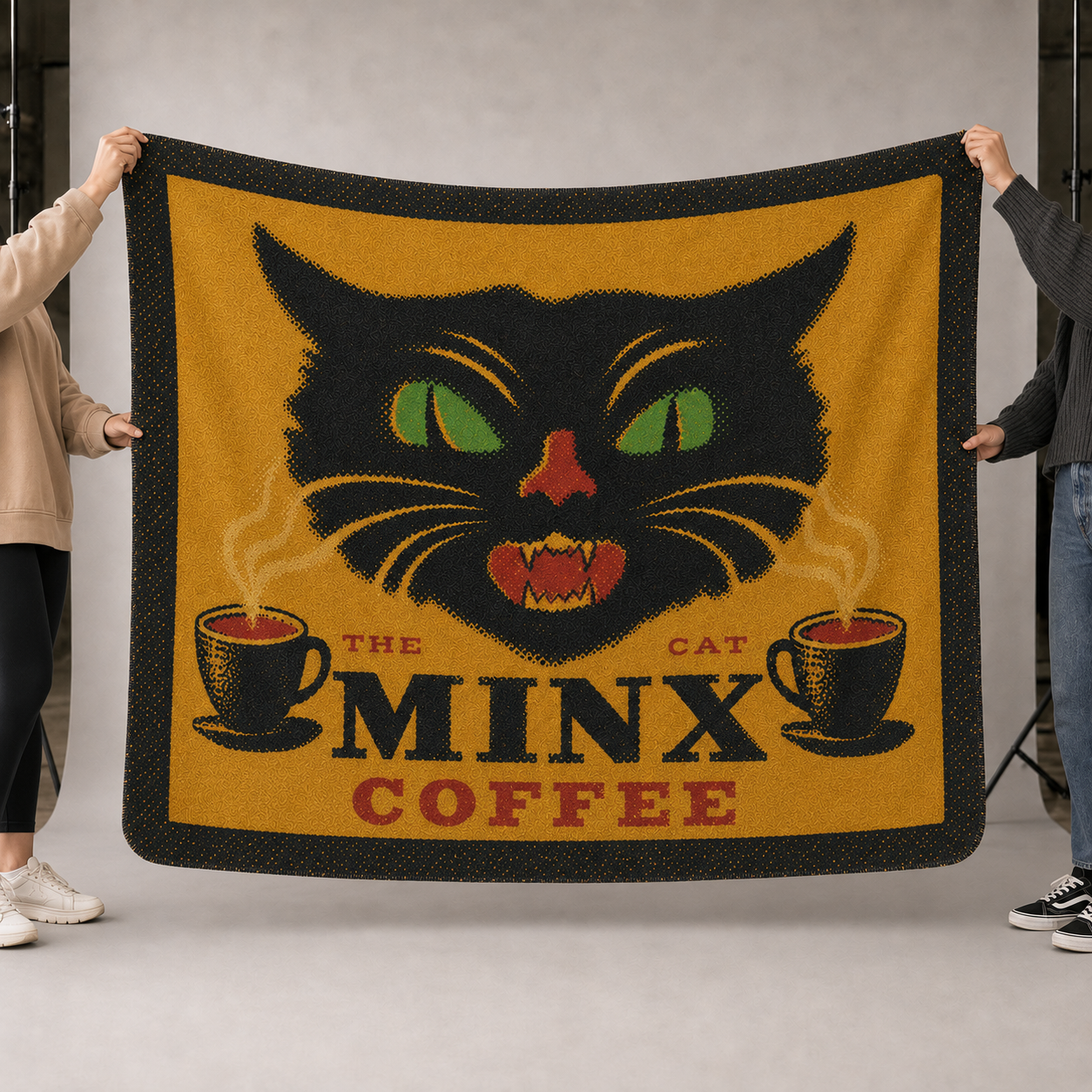 Minx The Cat Coffee - Halloween Black Cat on Yellow - Fleece Throw