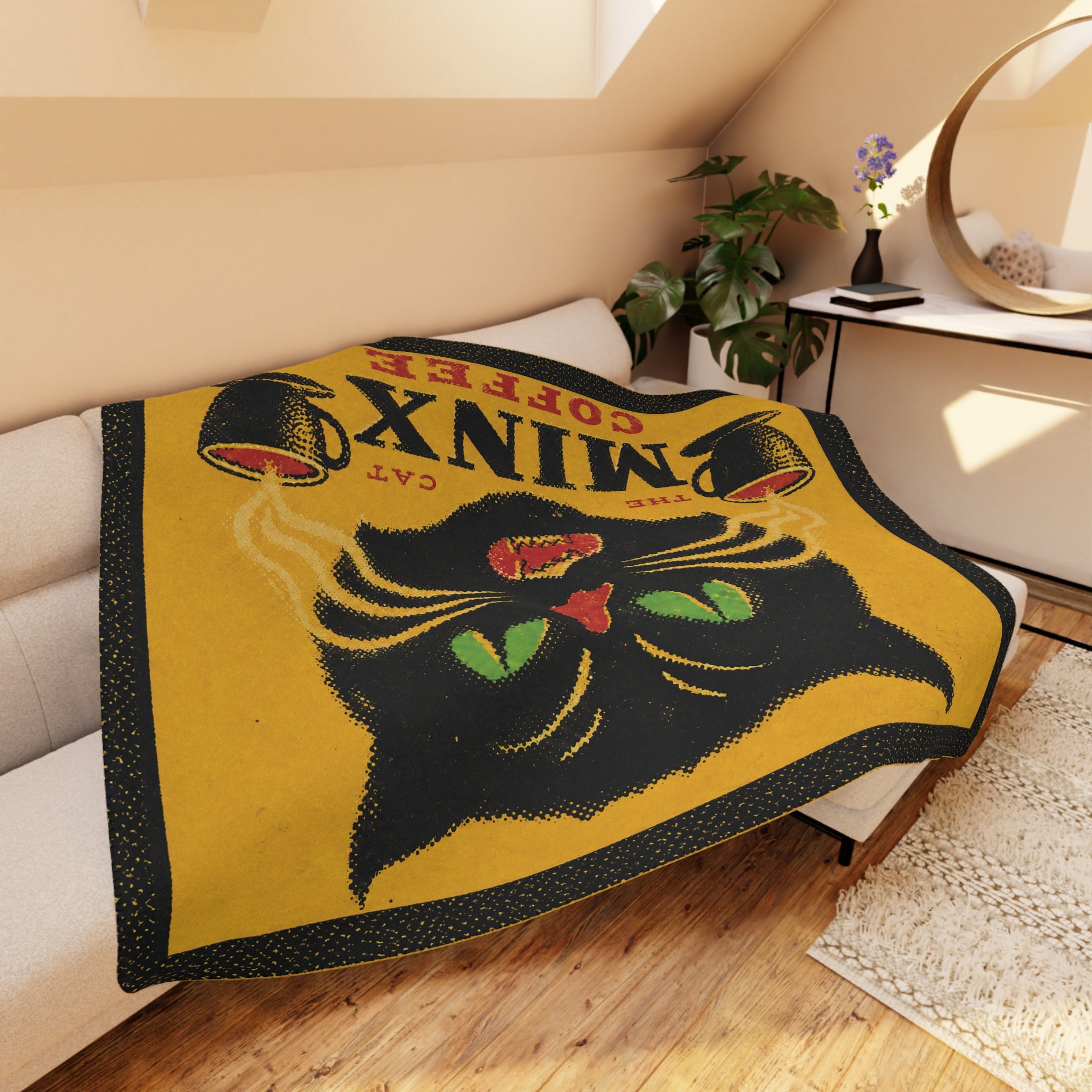 Minx The Cat Coffee - Halloween Black Cat on Yellow - Fleece Throw