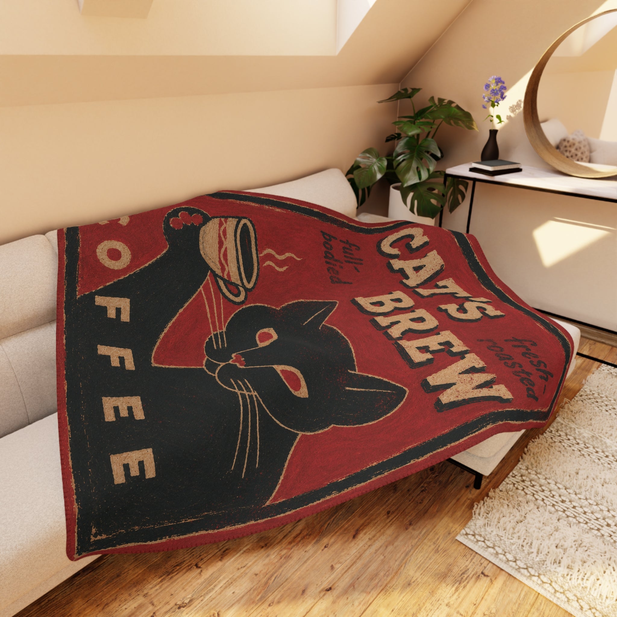 Cat's Brew Coffee - Black Cat on Red - Fleece Throw