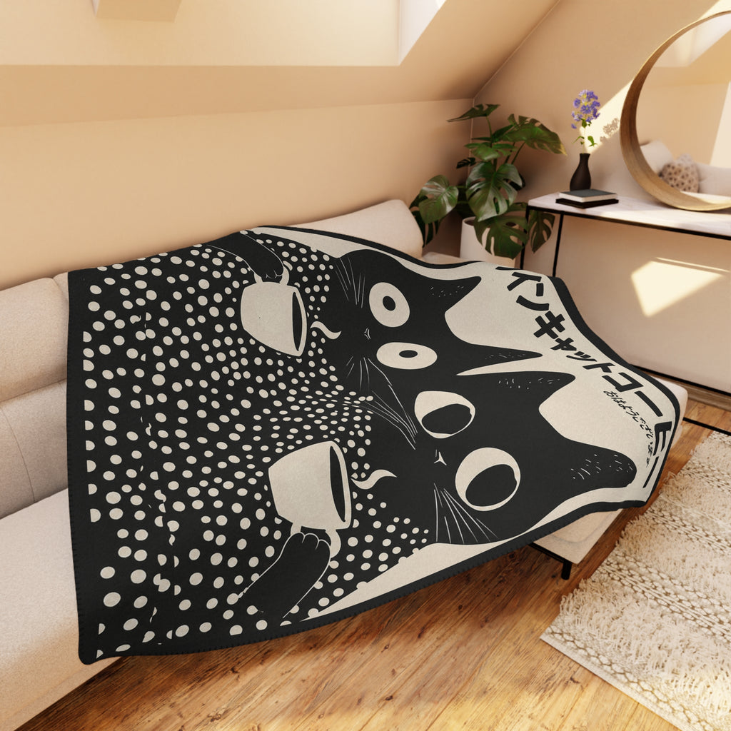 2 Polka Dot Cats with Coffee - Japanese - Fleece Throw