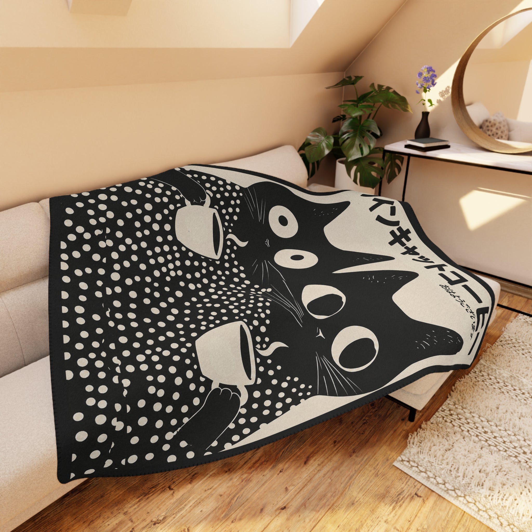 2 Polka Dot Cats with Coffee - Japanese - Fleece Throw
