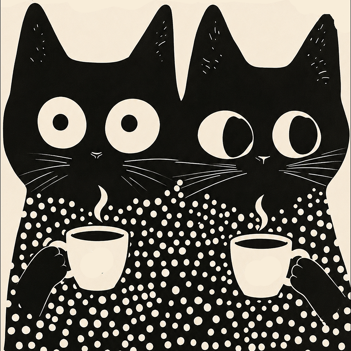 2 Polka Dot Cats with Coffee - Japanese - Fleece Throw