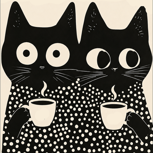 2 Polka Dot Cats with Coffee - Japanese - Fleece Throw