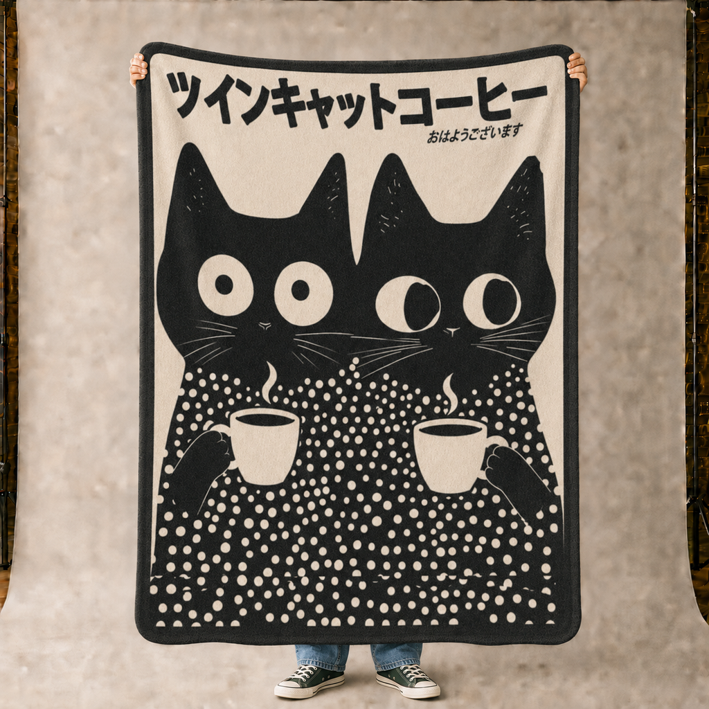 2 Polka Dot Cats with Coffee - Japanese - Fleece Throw
