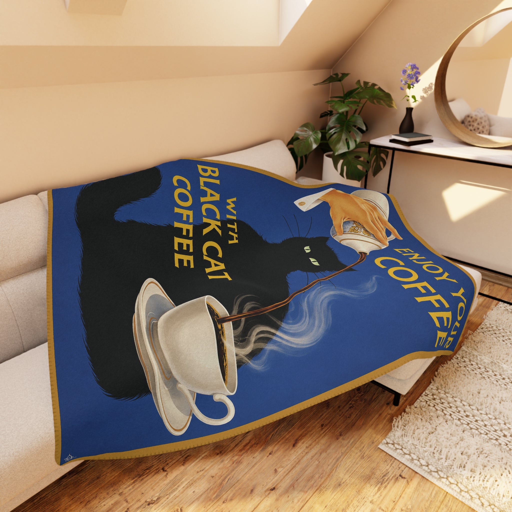 Black Cat Coffee - Pouring Coffee on Blue - Fleece Throw