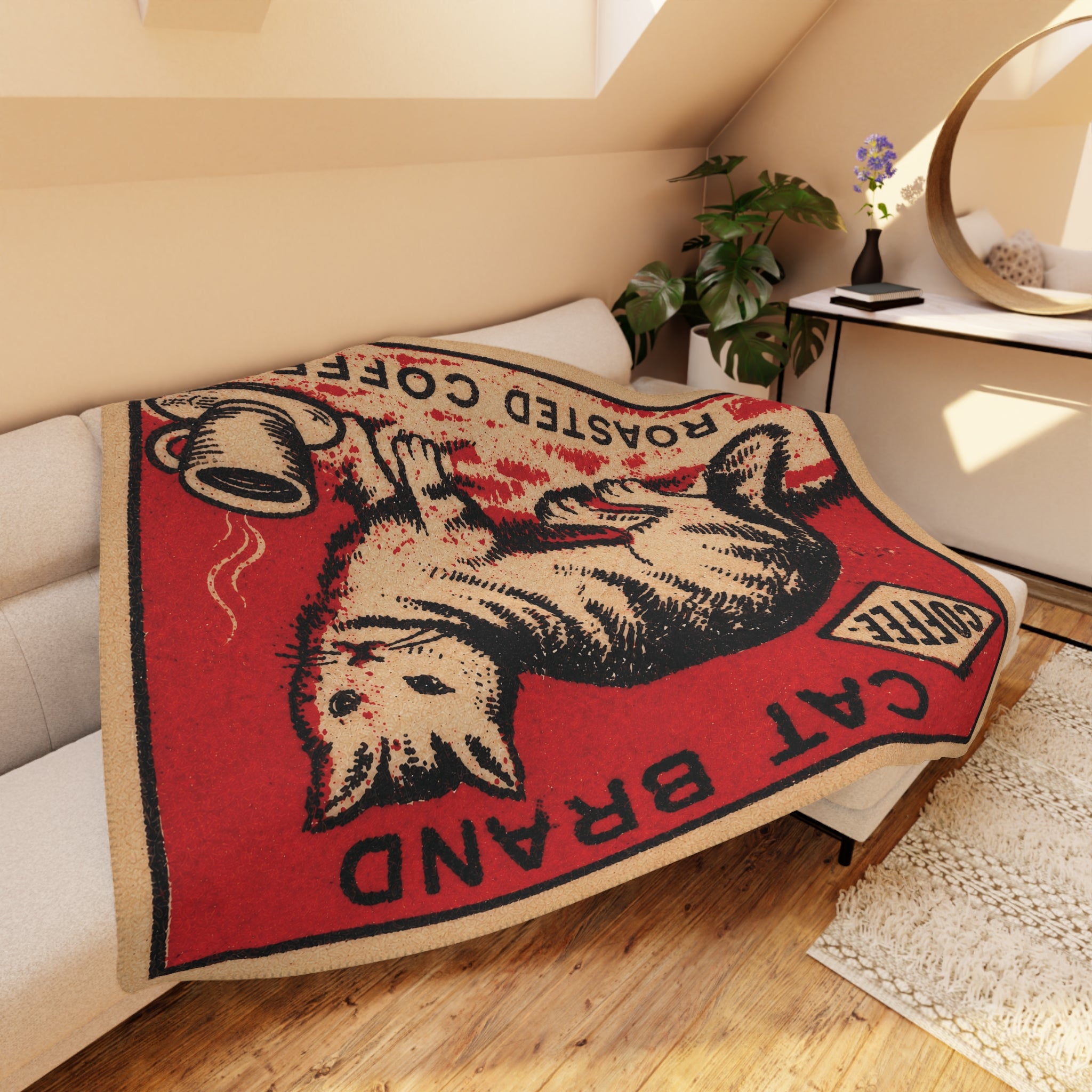 Cat Brand Roasted Coffee - B&W Cat on Red - Fleece Throw