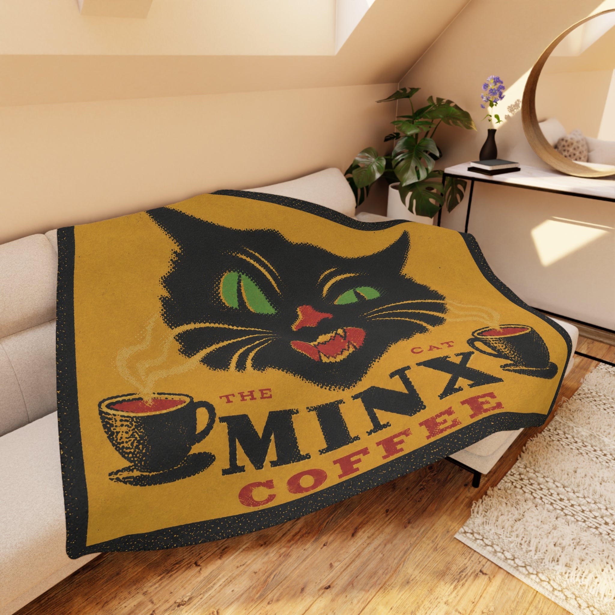 Minx The Cat Coffee - Halloween Black Cat on Yellow - Fleece Throw