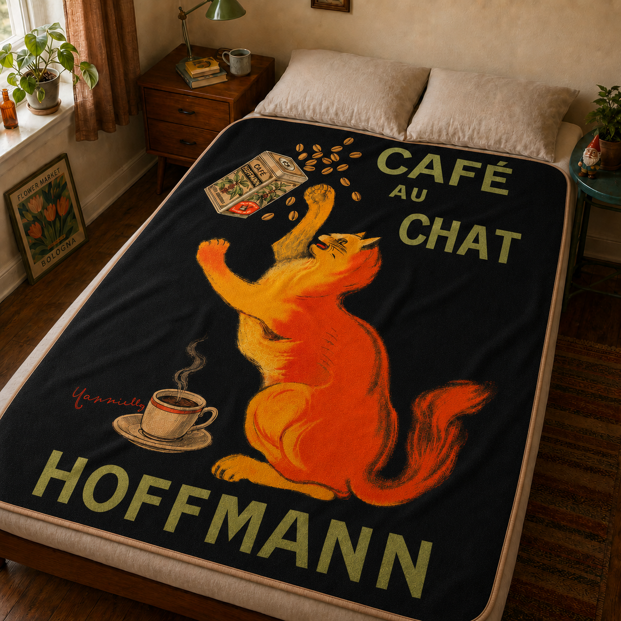 Cafe Au Chat - Cat Playing with Coffee Beans - Fleece Throw