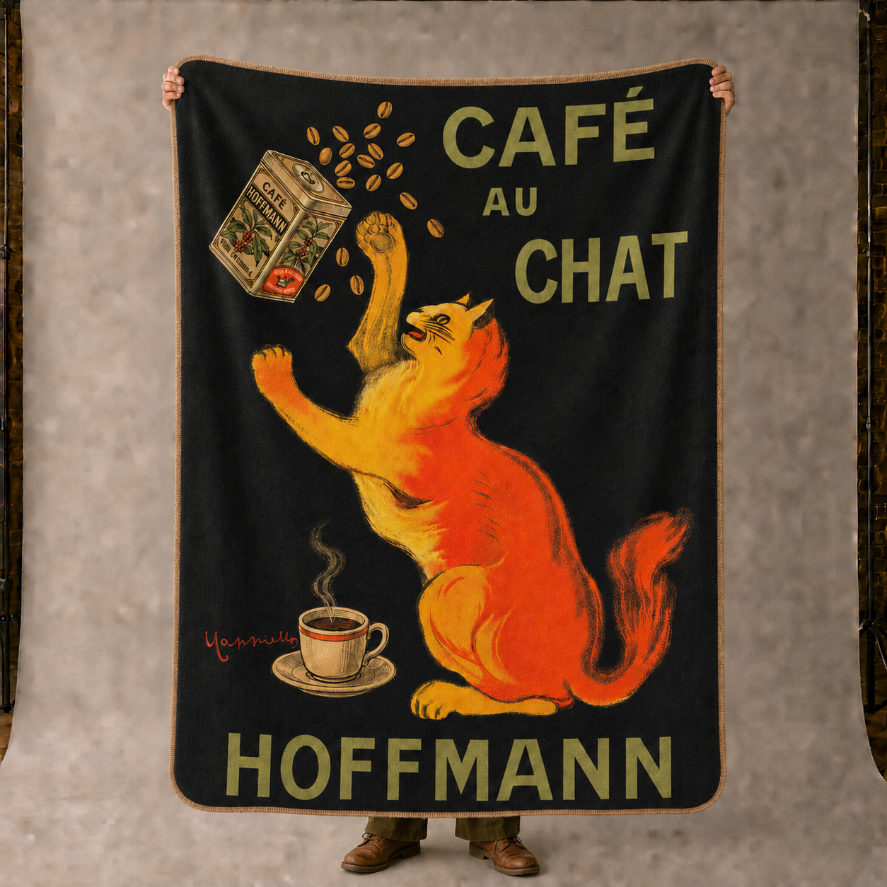 Cafe Au Chat - Cat Playing with Coffee Beans - Fleece Throw