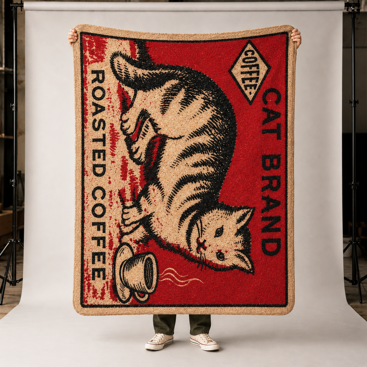 Cat Brand Roasted Coffee - B&W Cat on Red - Fleece Throw
