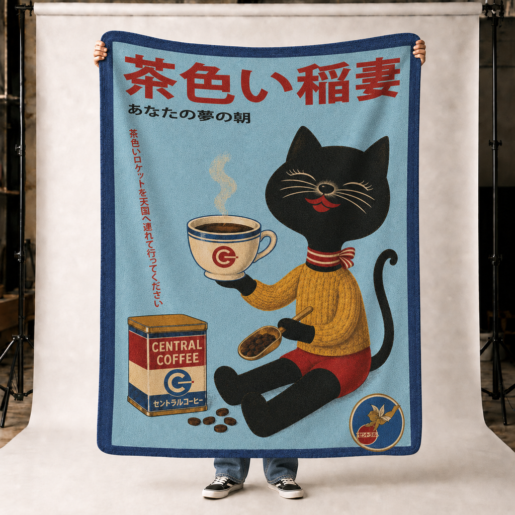 Central Coffee - Japanese Black Cat Holding Cup - Fleece Throw