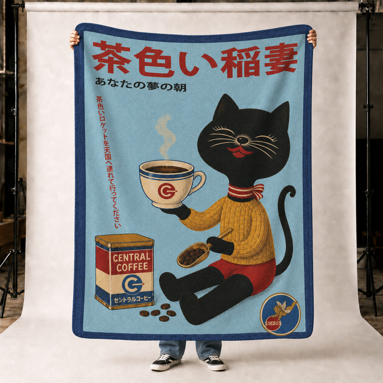 Central Coffee - Japanese Black Cat Holding Cup - Fleece Throw