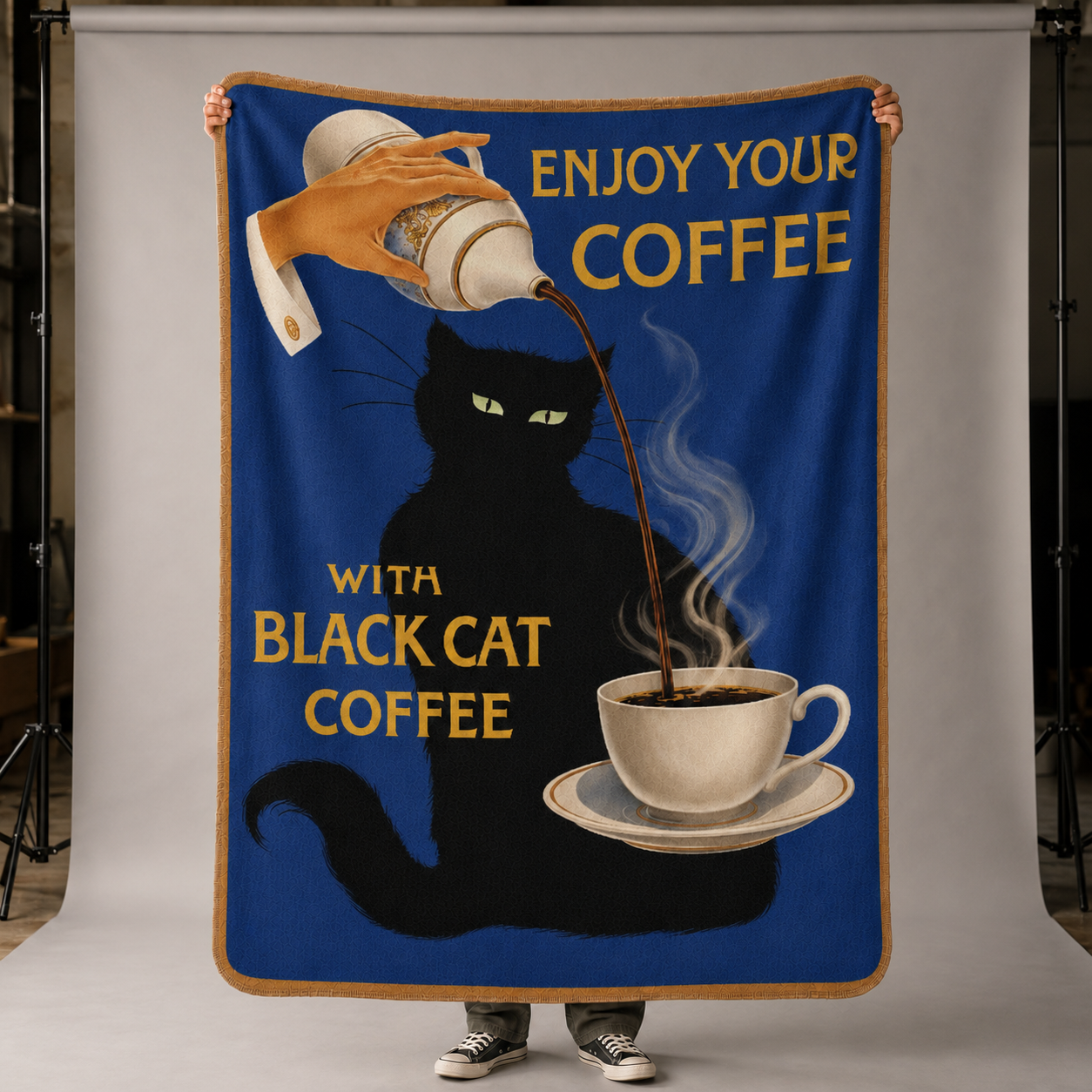 Black Cat Coffee - Pouring Coffee on Blue - Fleece Throw